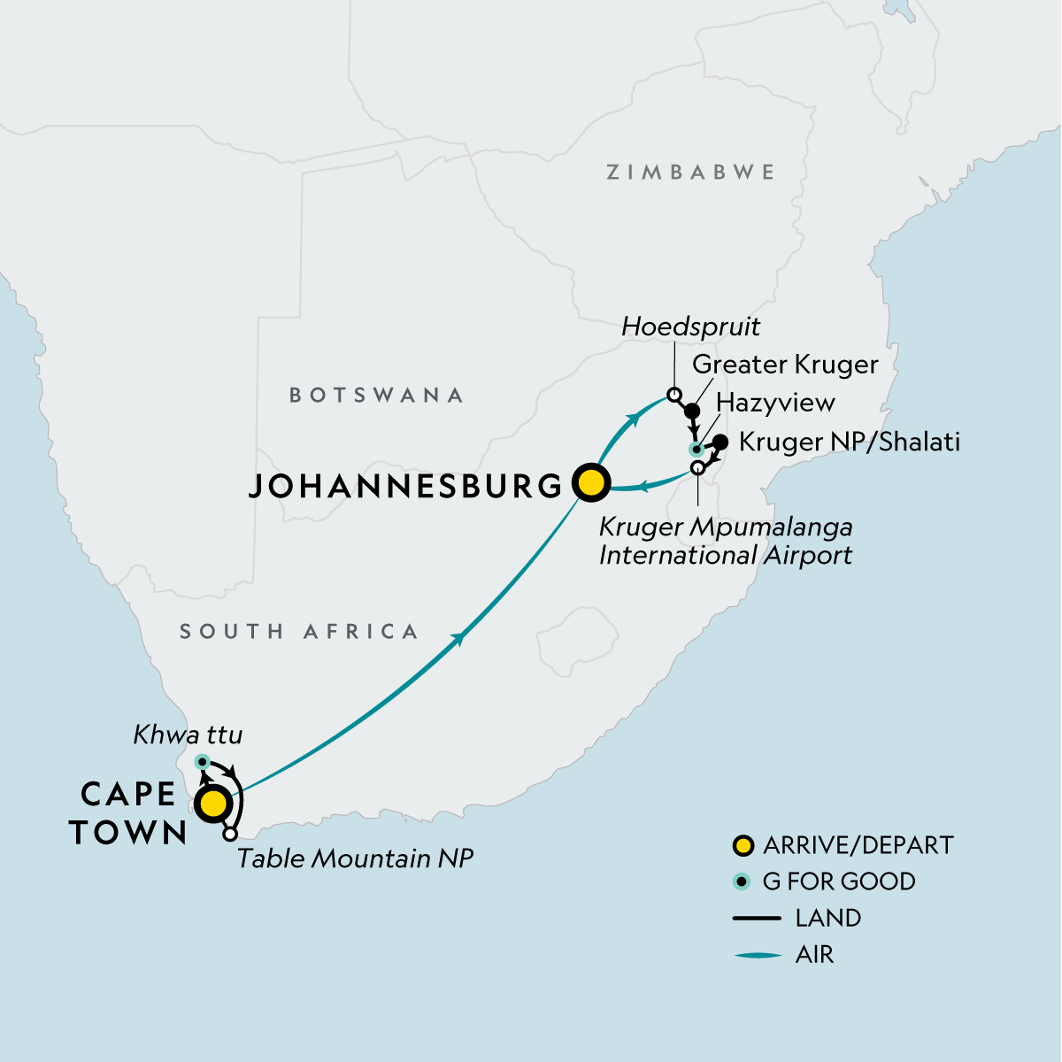 Signature: South Africa from Cape Town to Kruger Itinerary Map