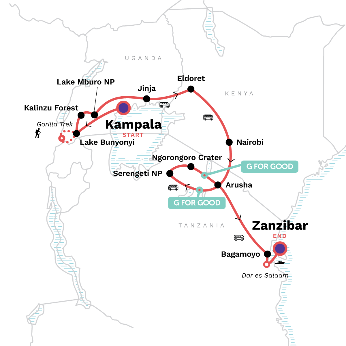 Map of East Africa Overland: Serengeti & Safari Drives from G Adventures