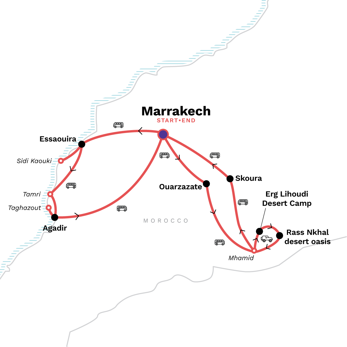 Map of Southern Morocco: The Sahara, The Coast & Marrakech from G Adventures