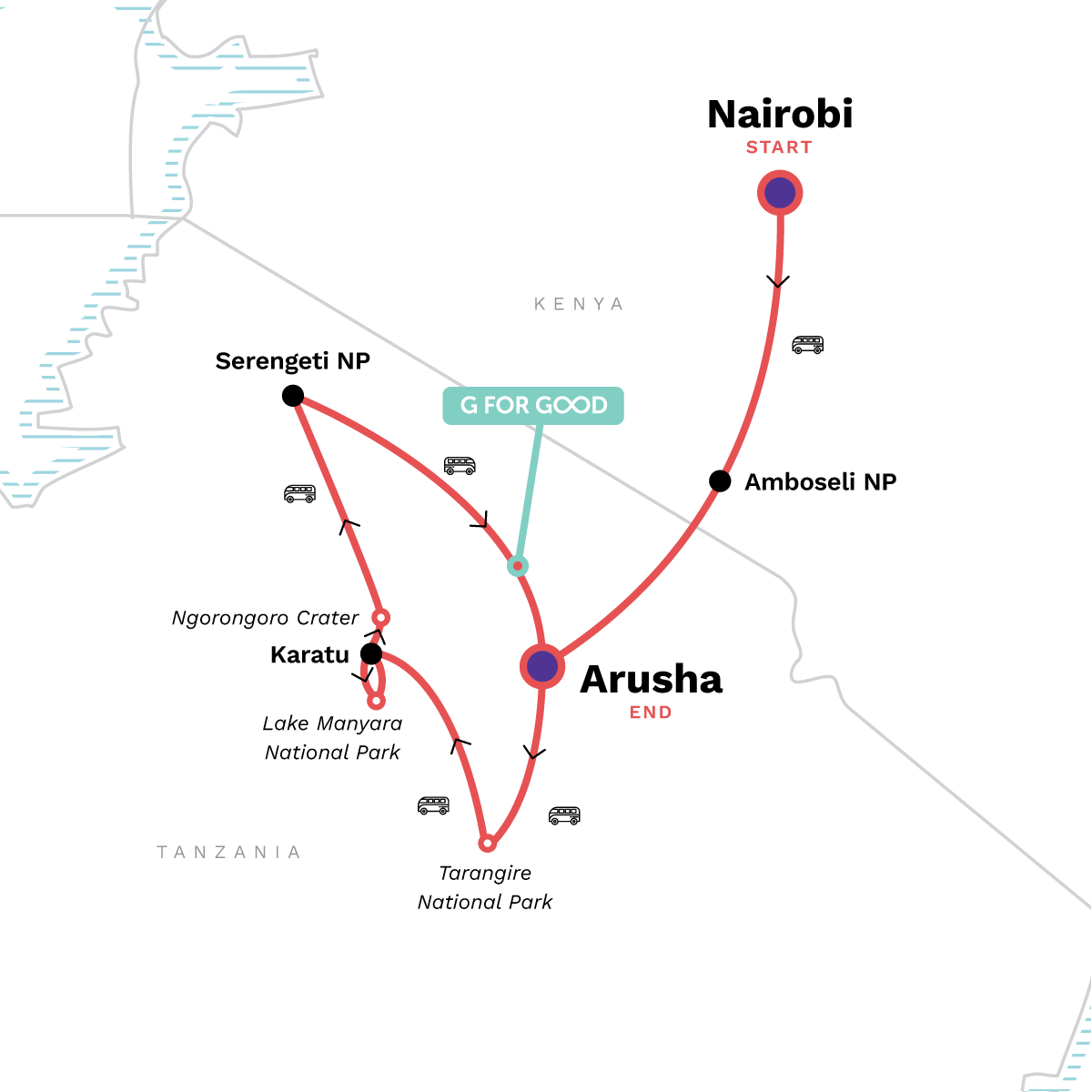 Map of Kenya & Tanzania: Amboseli, The Serengeti & Ngorongoro Crater