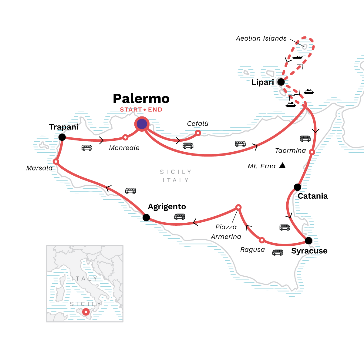 Map of Highlights Of Sicily from G Adventures