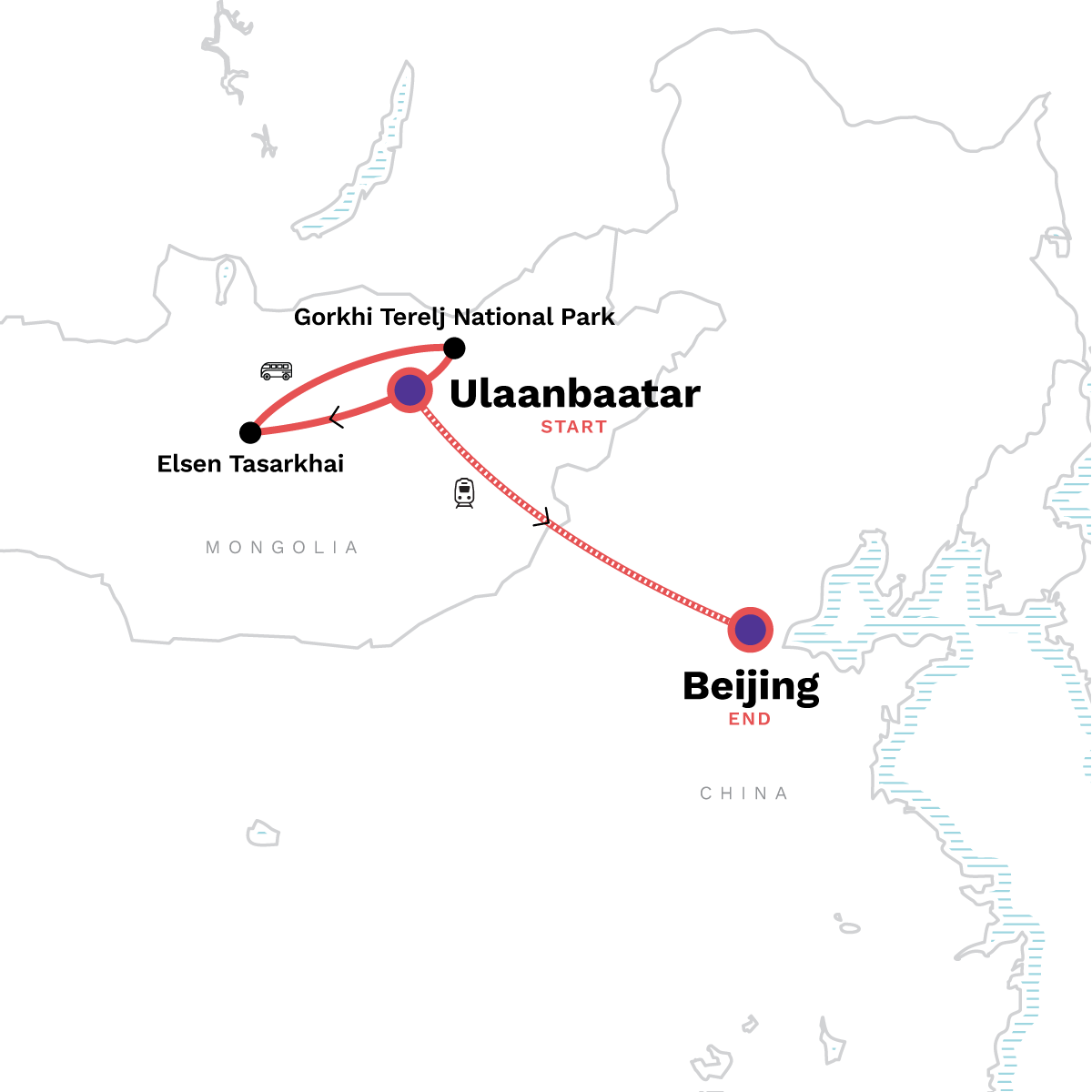 Map of Mongolia to Beijing by Rail