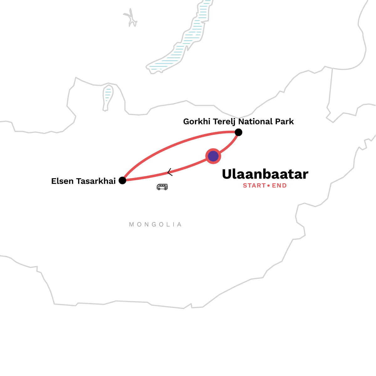 Map of Mongolia: Ulaanbaatar, Sand Dunes & Terelj National Park