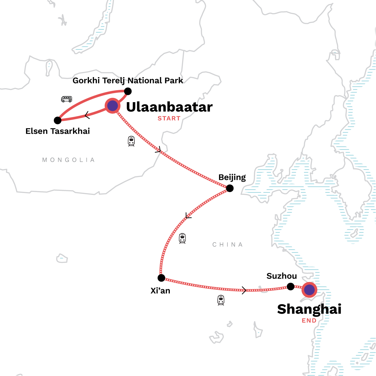 Map of Mongolia to China: The Trans-Mongolian Railway