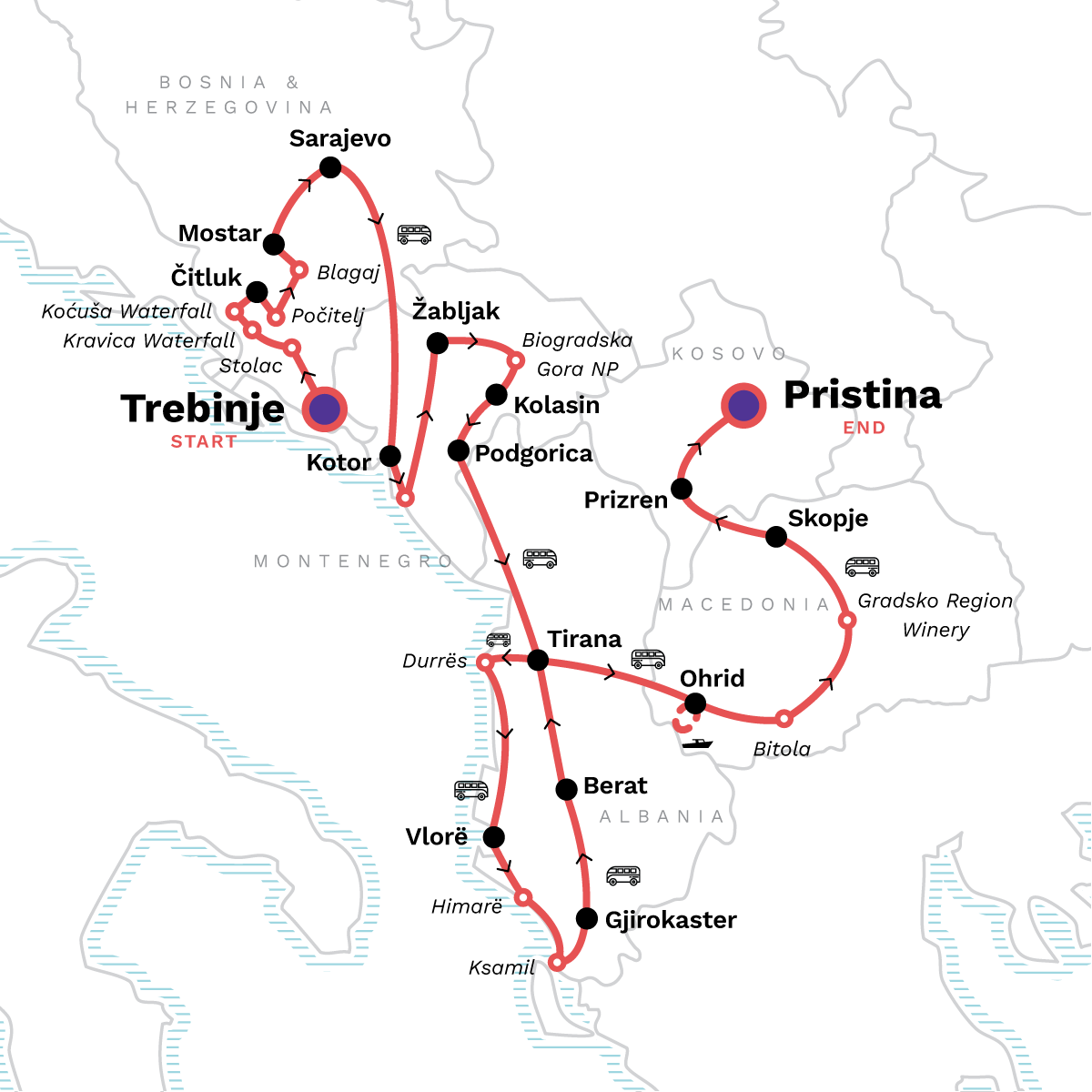 Map of Classic Balkan Adventure: Trebinje to Pristina