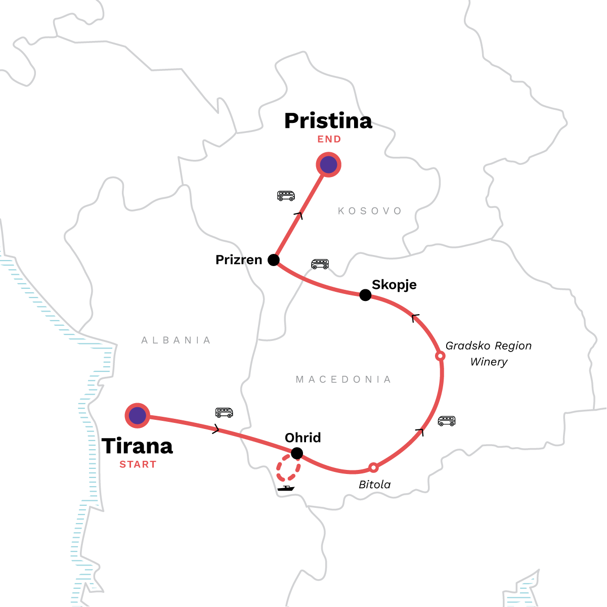 Map of Kosovo & Macedonia Adventure: Tirana to Pristina
