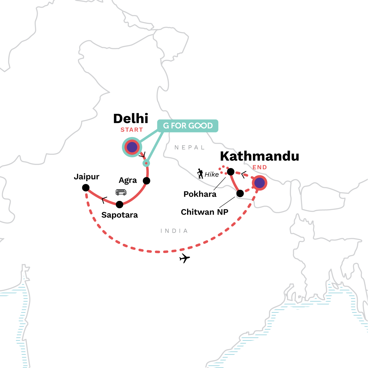 Map of India & Nepal: Golden Triangle and the Himalayas