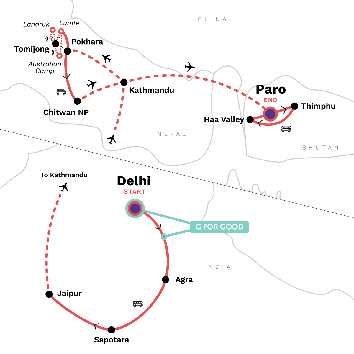 Map of India, Nepal & Bhutan: Taj Mahal to Tiger's Nest