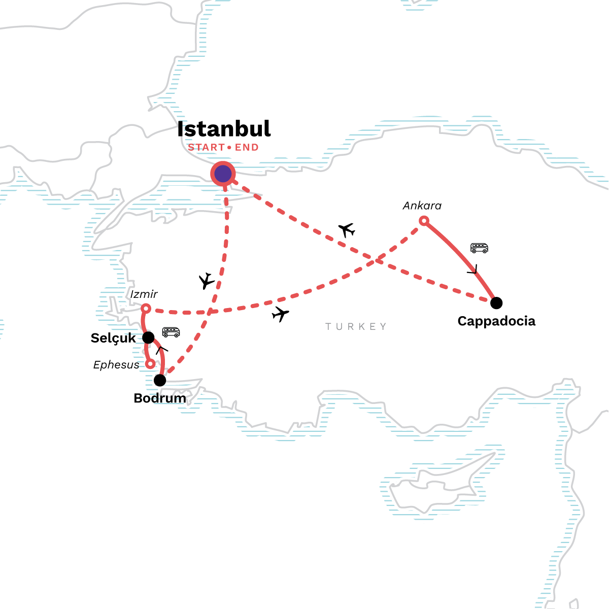 Map of Turkey: Iconic Istanbul, Aegean Coast to Cappadocia