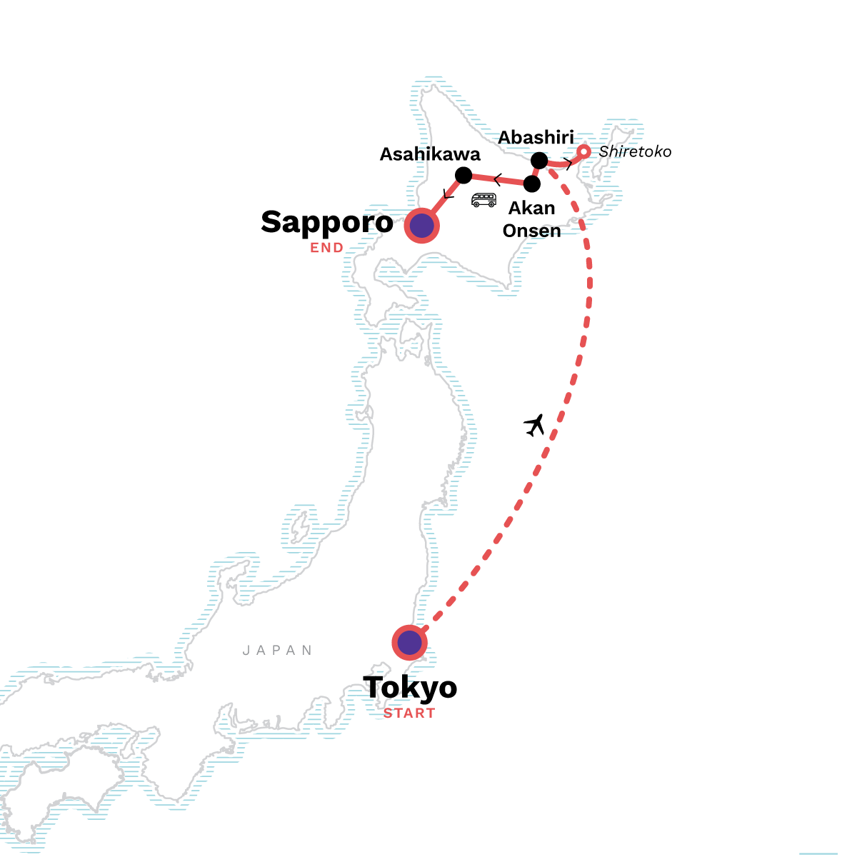 Map of Active Northern Japan: Tokyo & Hokkaido from G Adventures