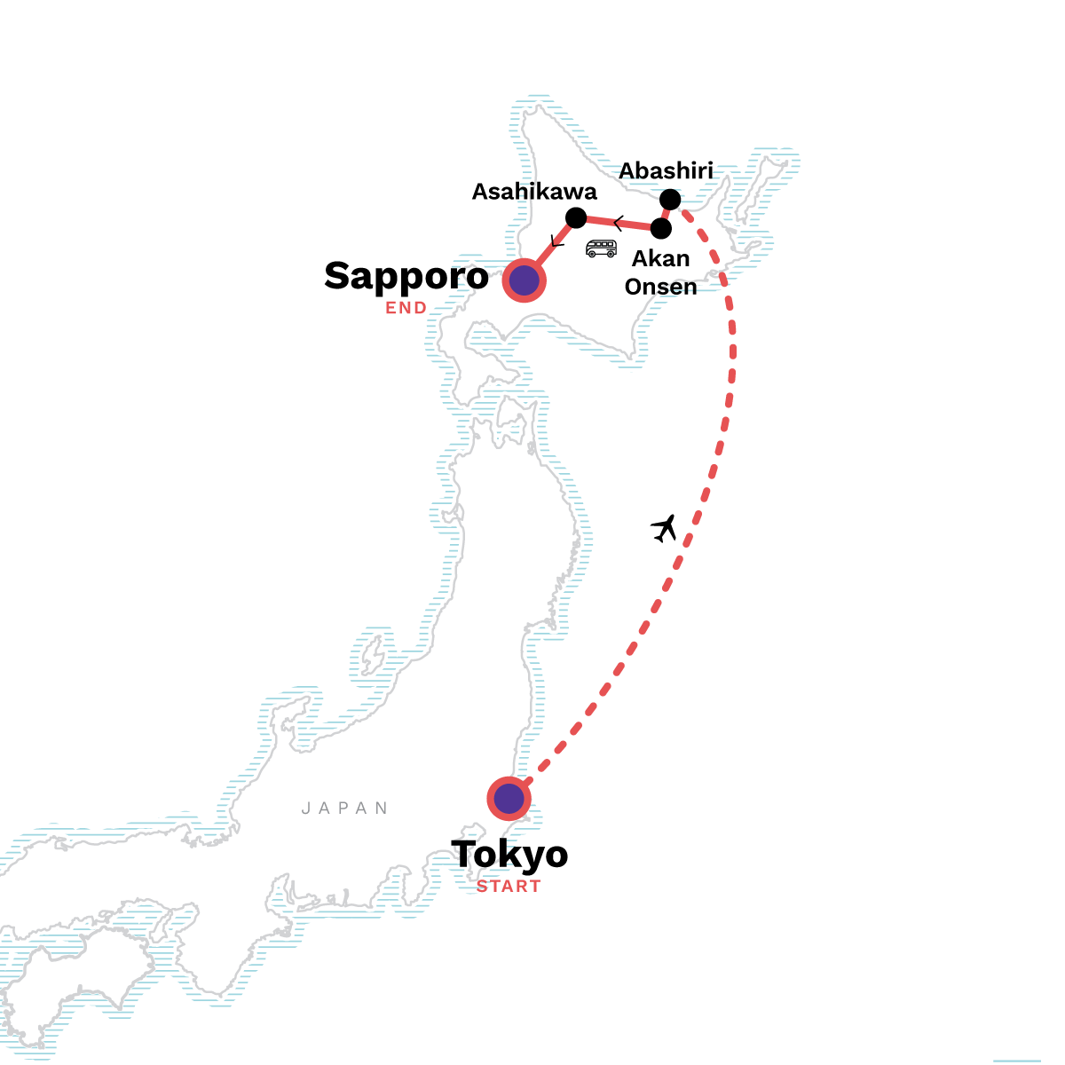 Map of Active Northern Japan: Winter In Tokyo & Hokkaido from G Adventures