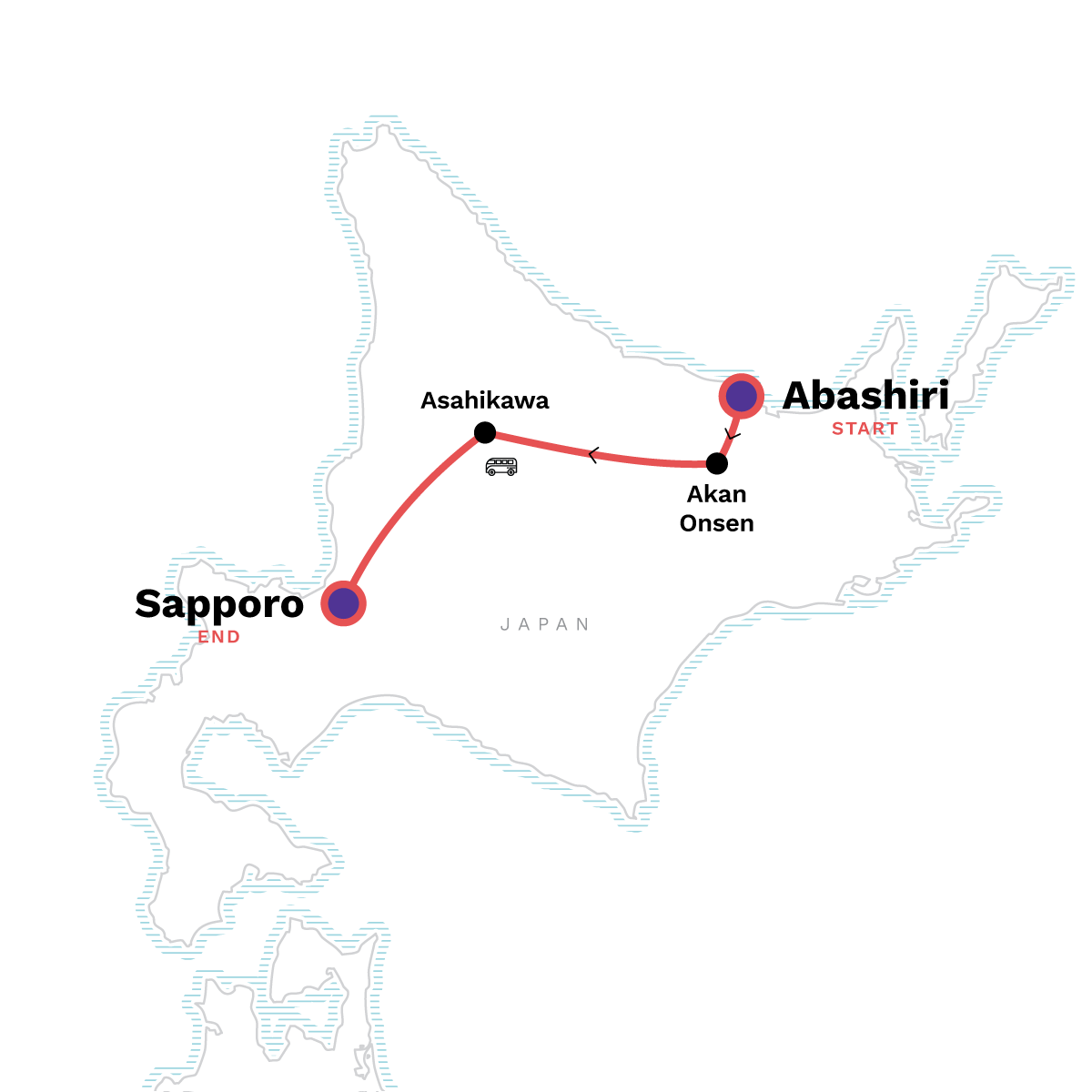 Map of Active Japan: Hokkaido in Winter, Sea Ice to Onsens
