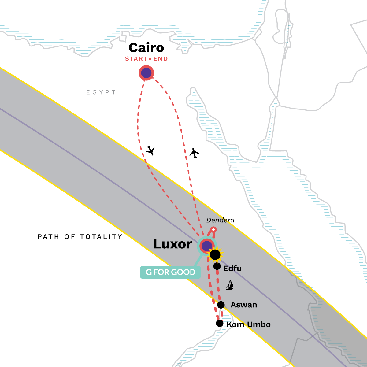 Map of Egypt Total Eclipse: Cairo, Luxor Cruise & Aswan from G Adventures