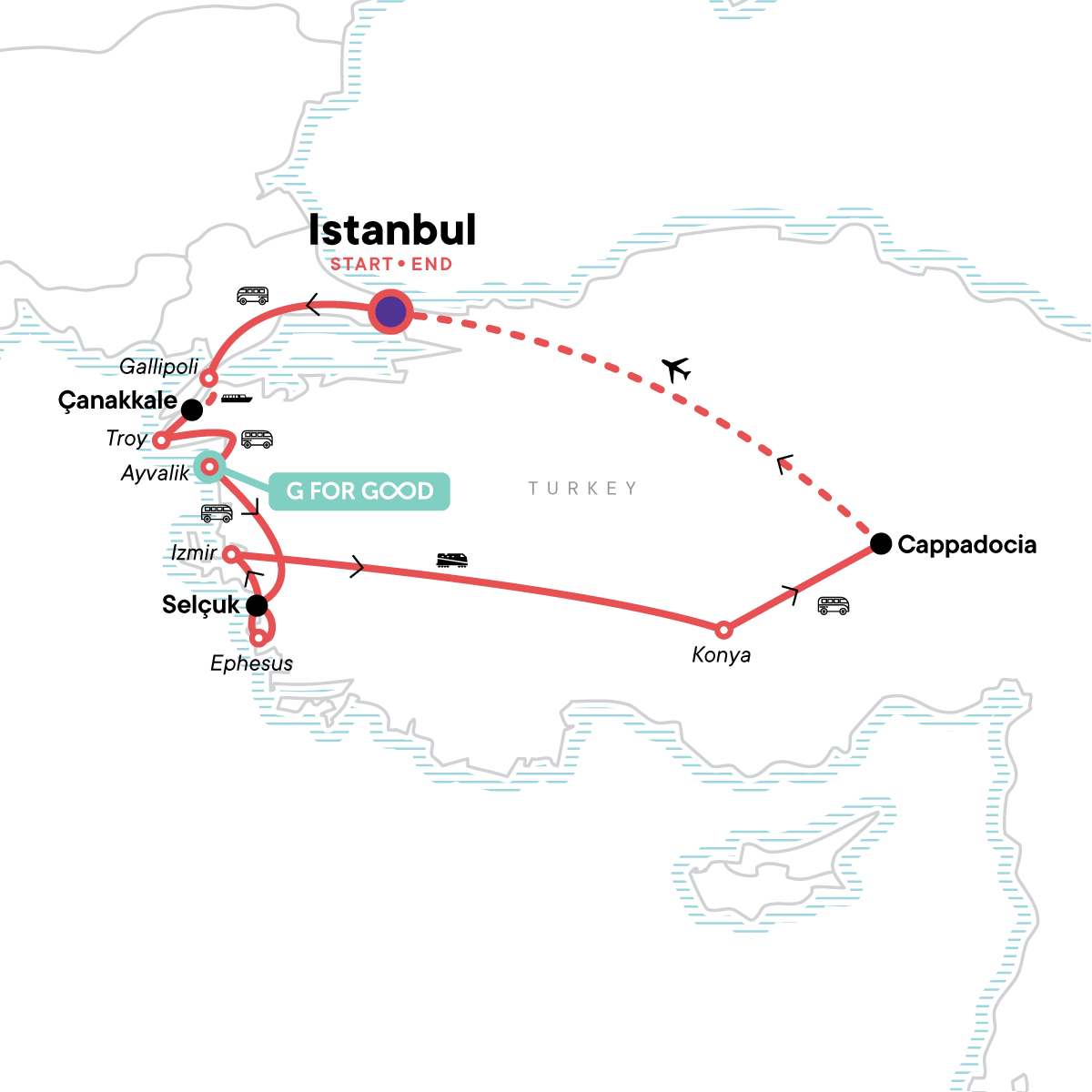 Map of Highlights of Turkey with Istanbul City Stay