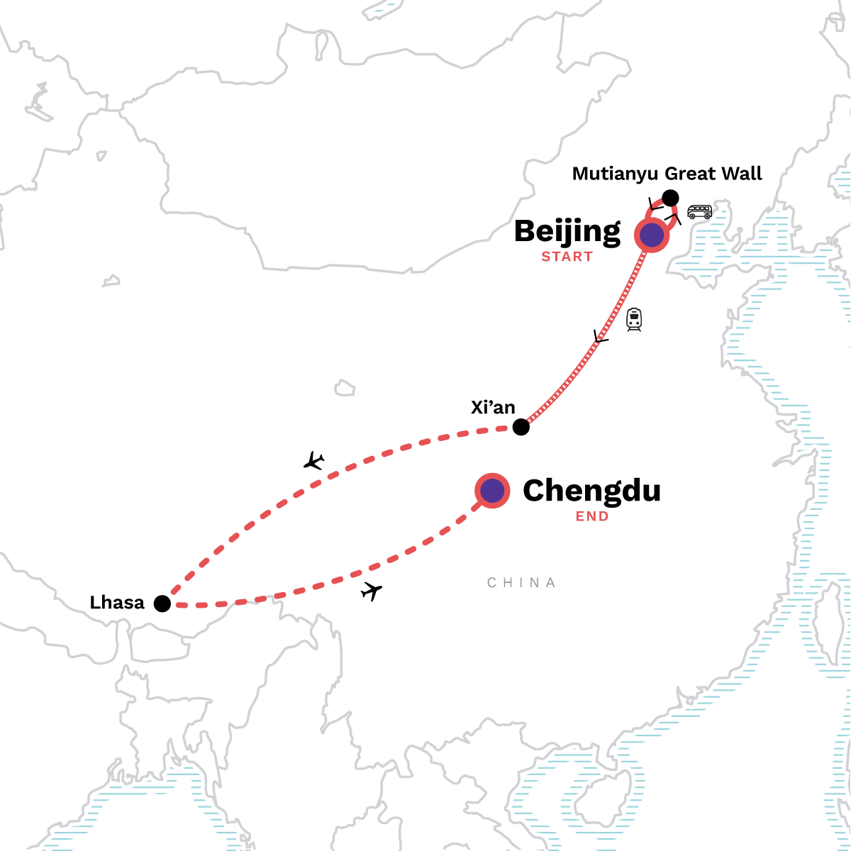 Map of China & Tibet: Great Wall, Lhasa & Terracotta Warriors