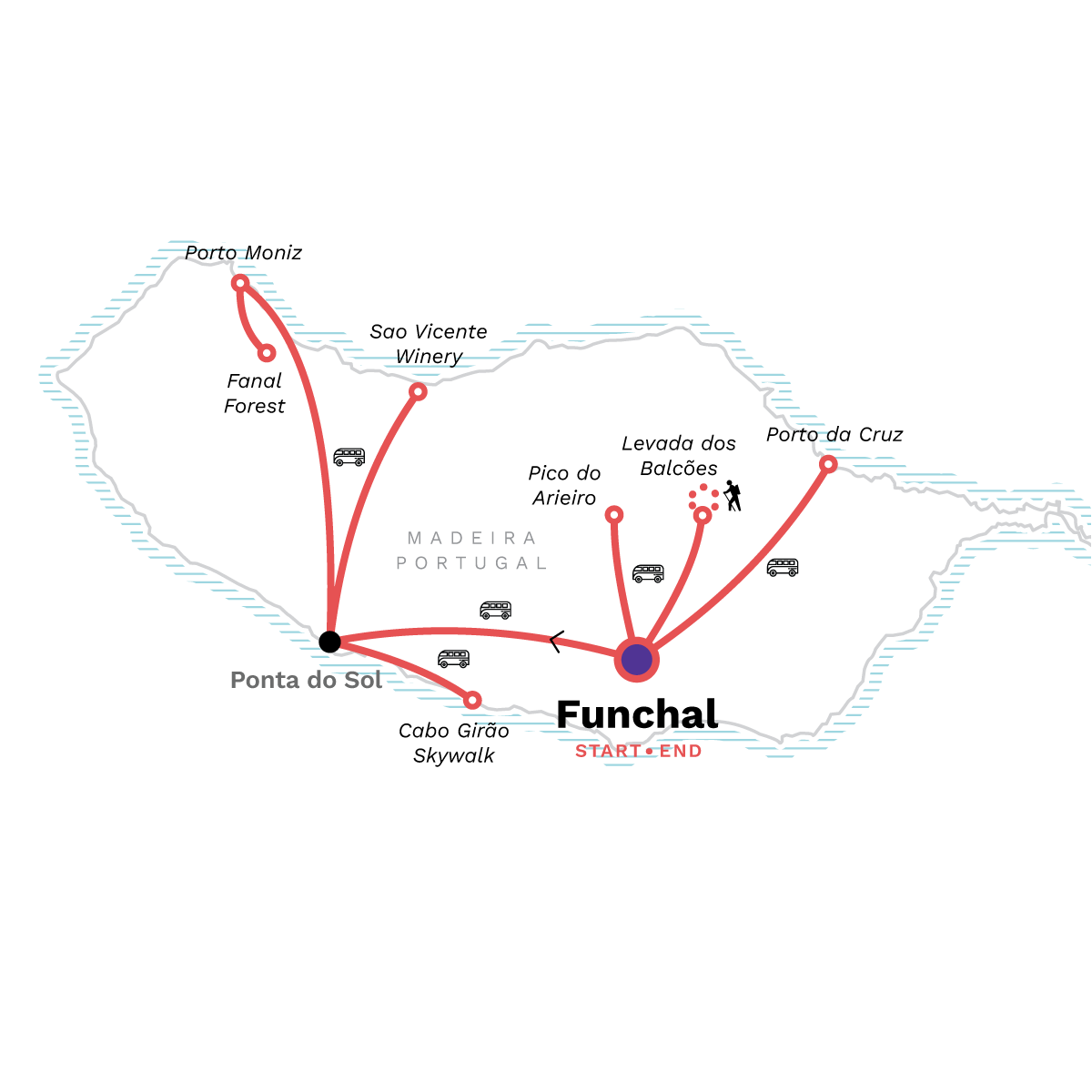 Map of Madeira: Pico Do Arieiro, Fanal Forest & Porto Moniz from G Adventures