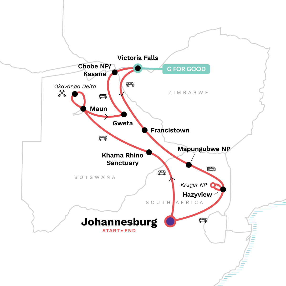 Map of Southern Africa Encompassed: Bush Camps & Wildlife Spotting from G Adventures
