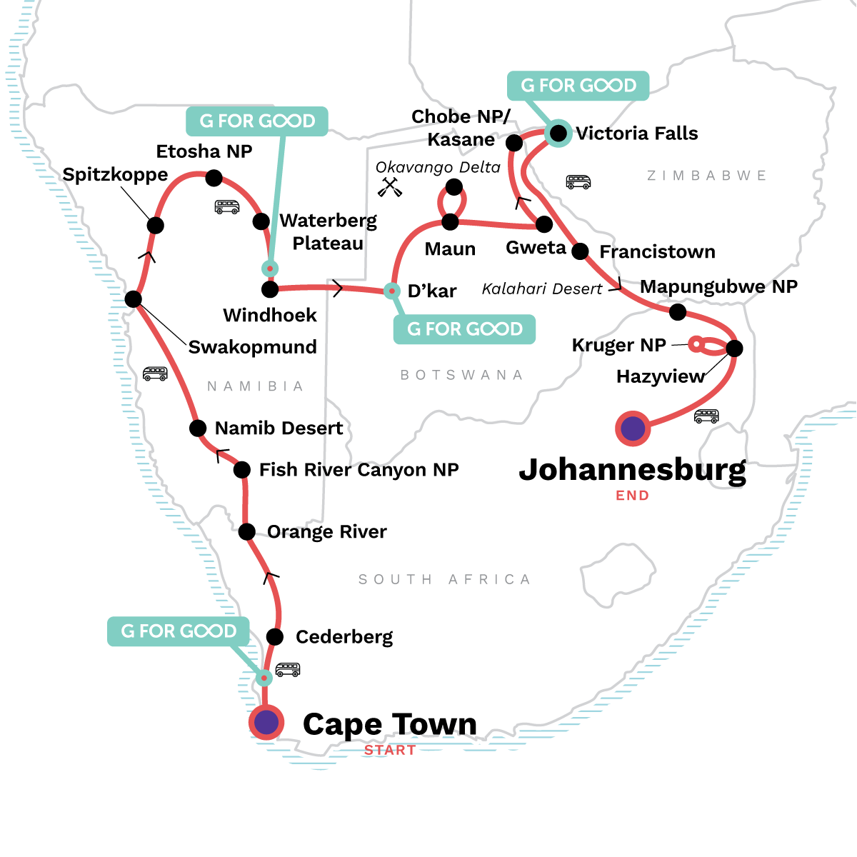 Map of Southern Africa Overland: Cape Town, Falls & Kruger from G Adventures