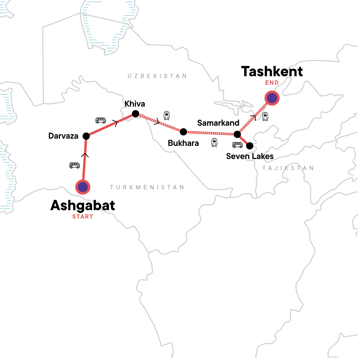 Map of Silk Road Wonders: Turkmenistan, Uzbekistan & Tajikistan from G Adventures