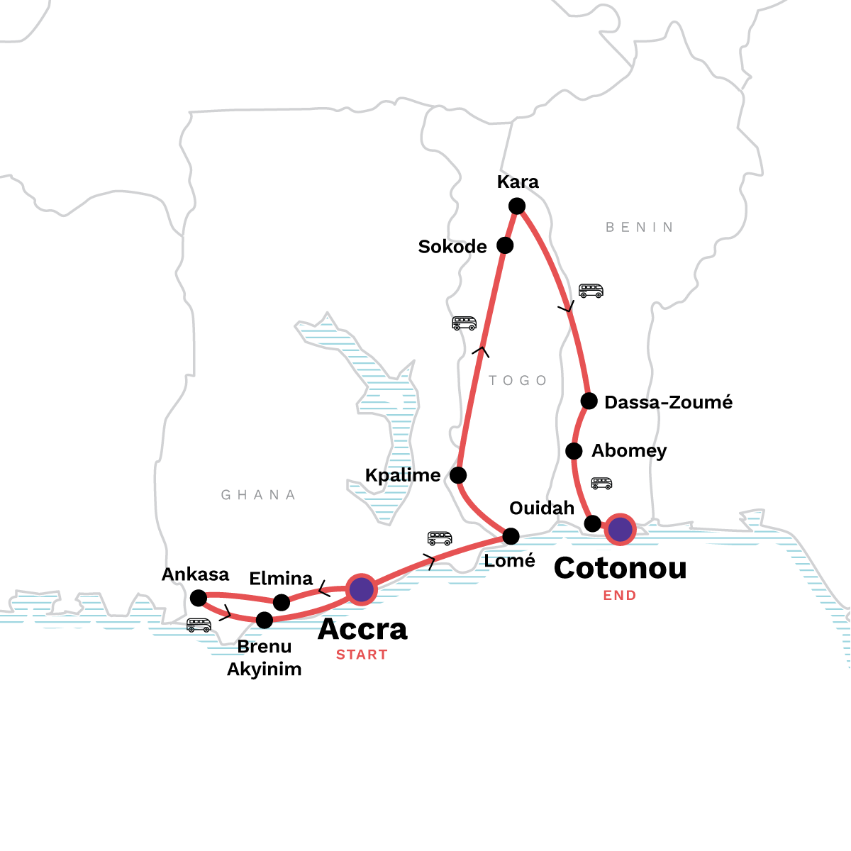 Map of Ghana, Togo, & Benin: Castles, Coastlines and Voodoo Discoveries