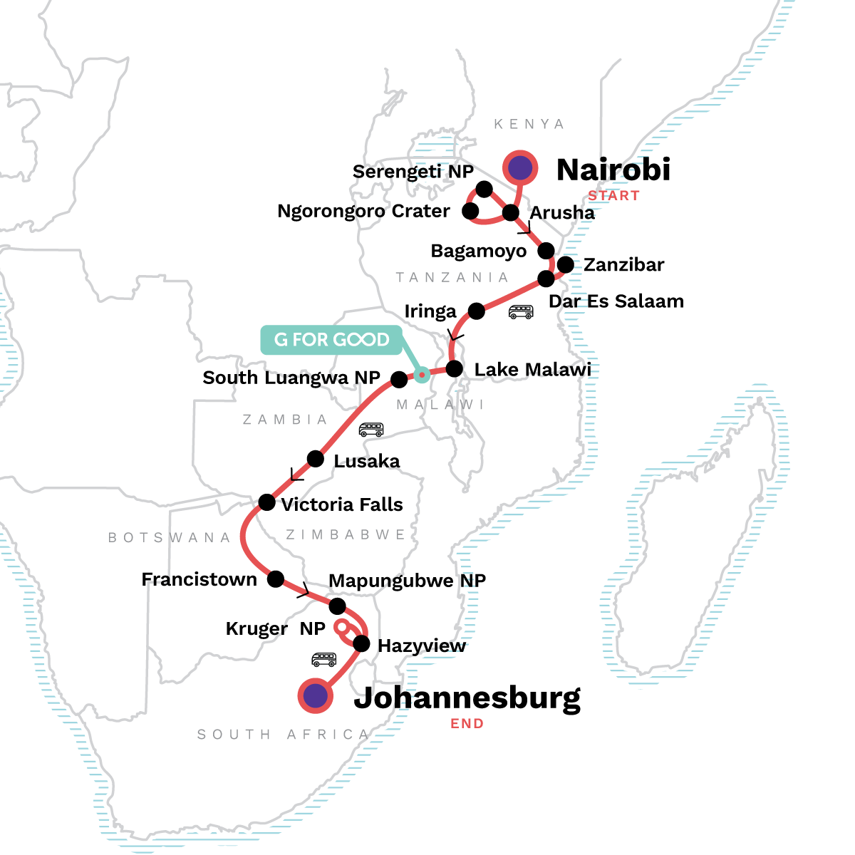 Map of East Africa To South Africa Overland Safari & Participation Camping from G Adventures