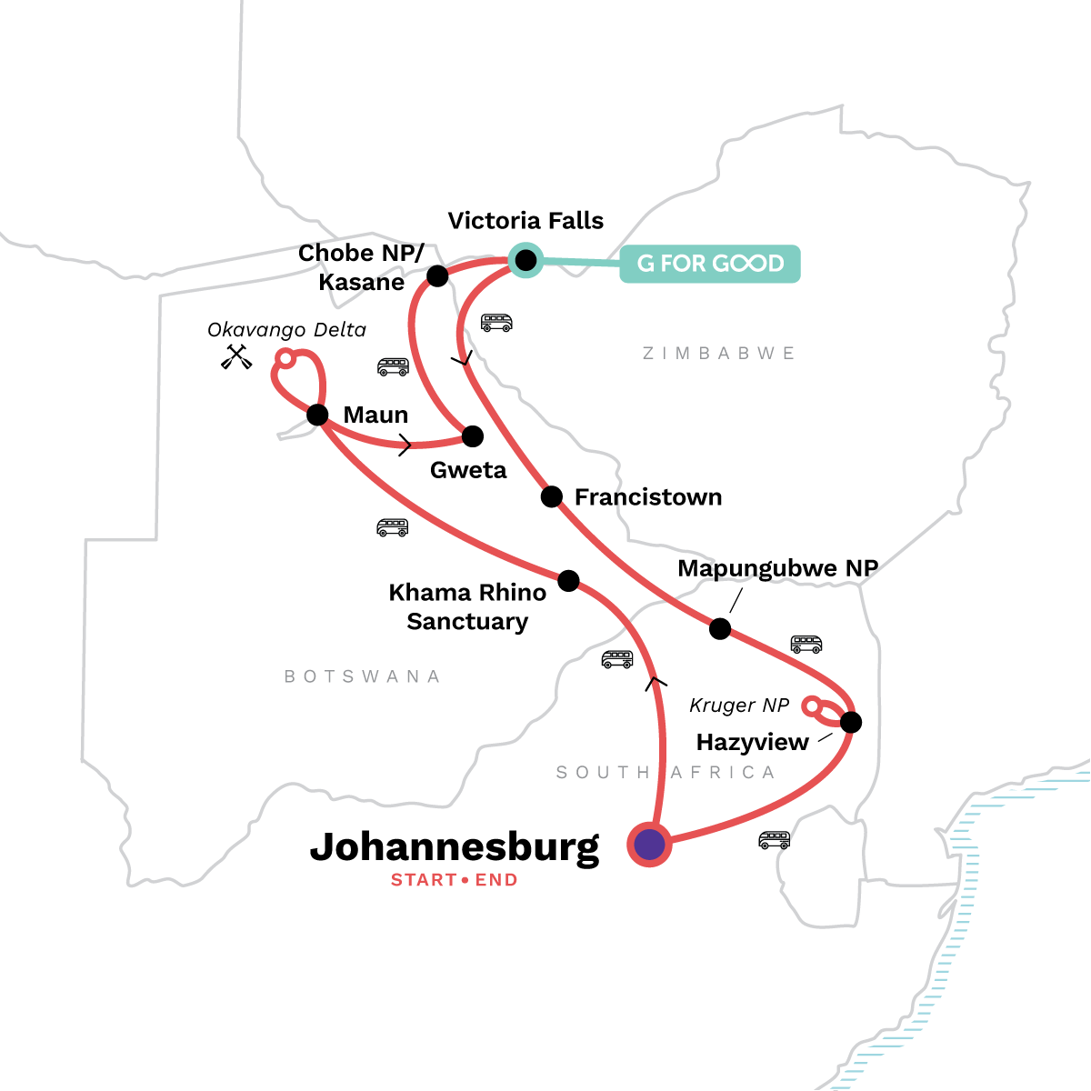 Map of Southern Africa Overland Safari & Participation Camping from G Adventures