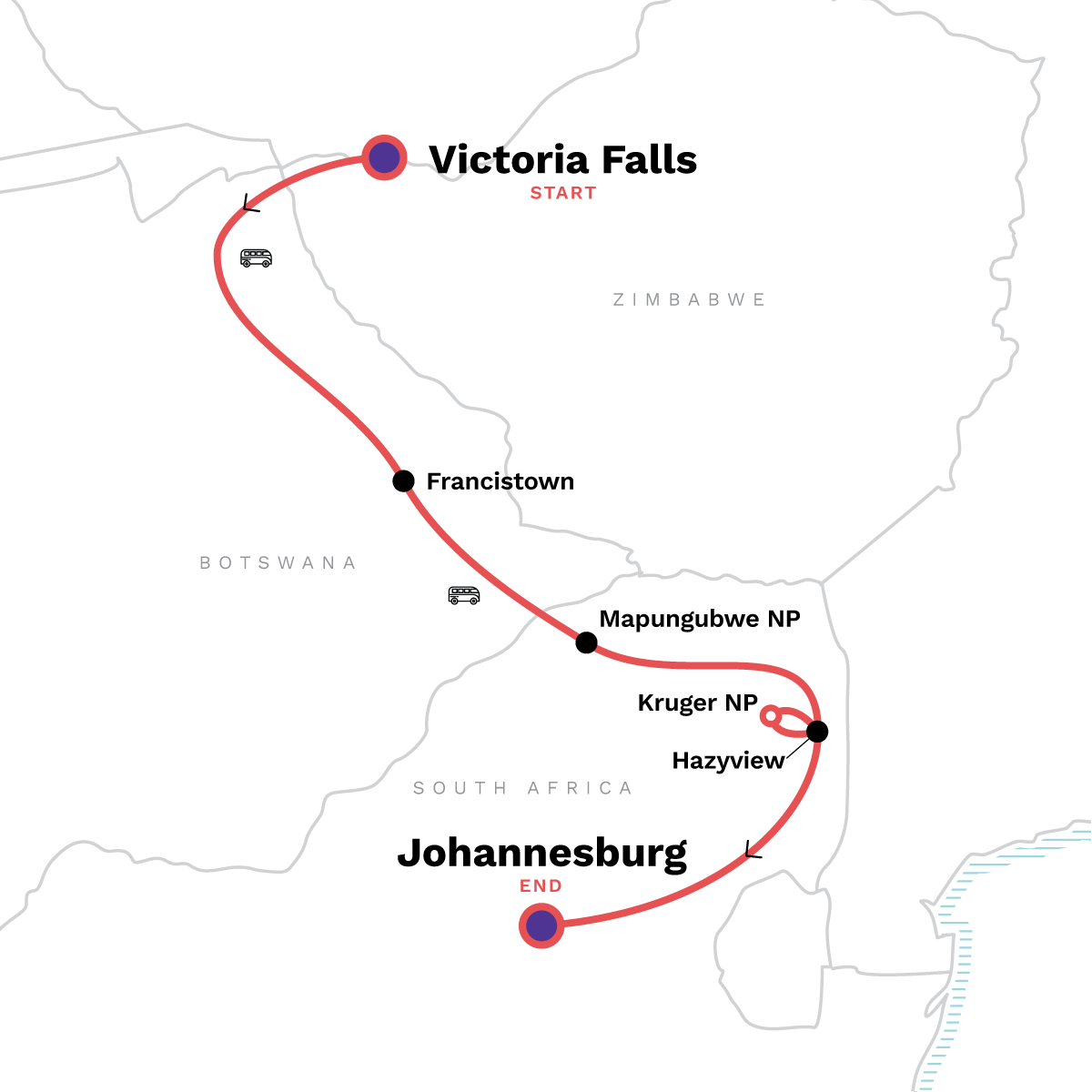 Map of Victoria Falls To South Africa Overland Safari & Participation Camping from G Adventures