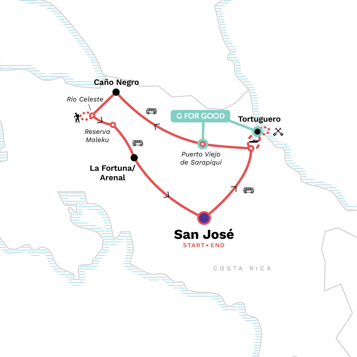 Costa Rica: Tortuguero, La Fortuna & Rio Celeste Itinerary Map