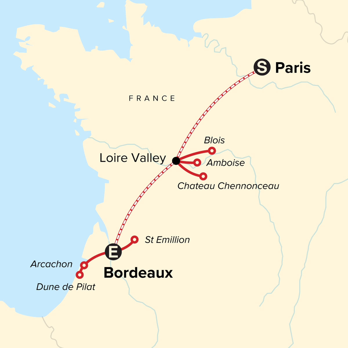 Map of Journeys: Highlights of the Loire Valley & Bordeaux