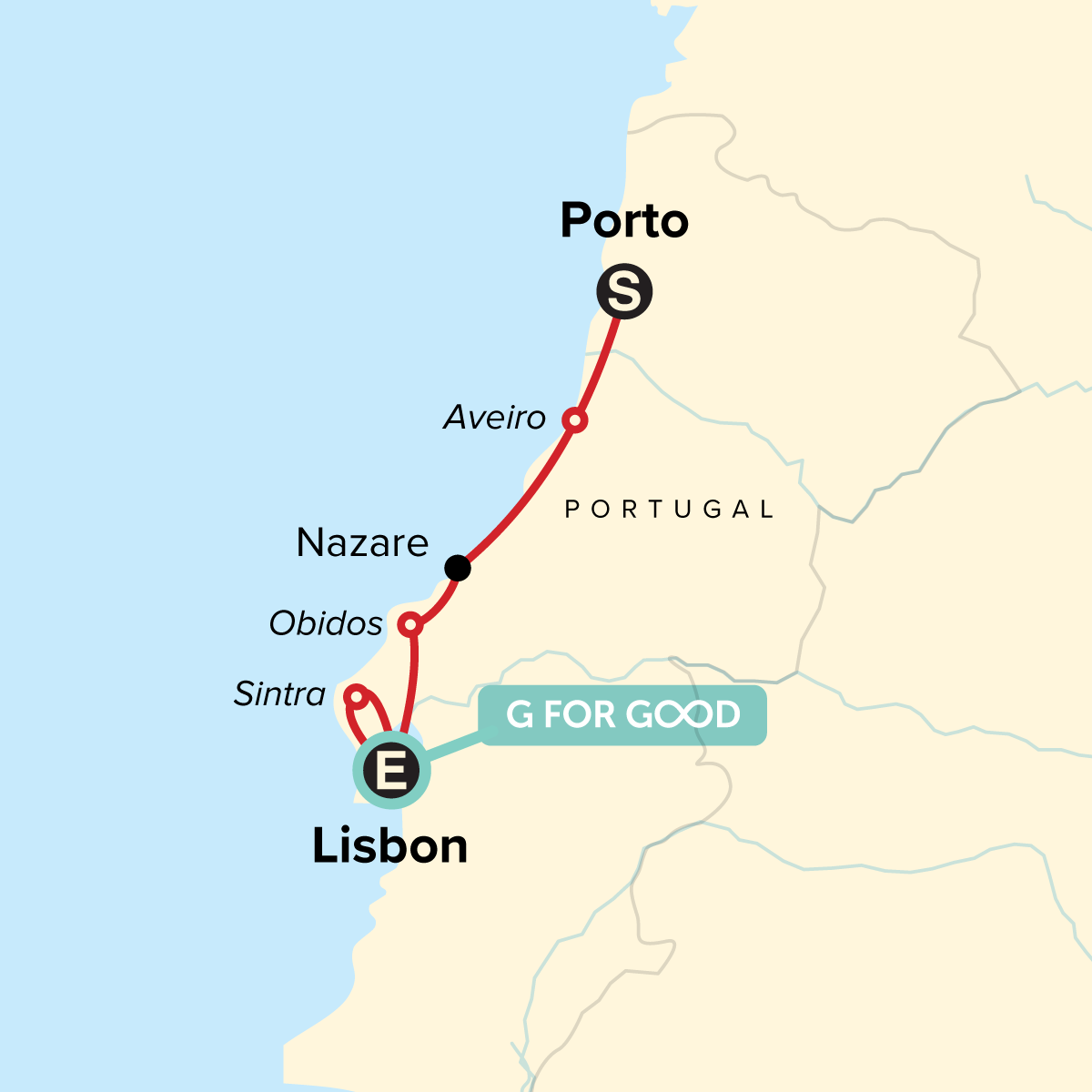 Map of Portugal Family Journey: Porto, Nazare and Lisbon