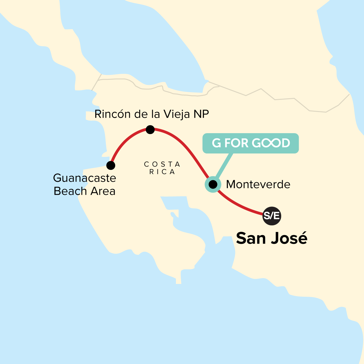 Map of Costa Rica Family Journey: From Cloud Forests to the Beach