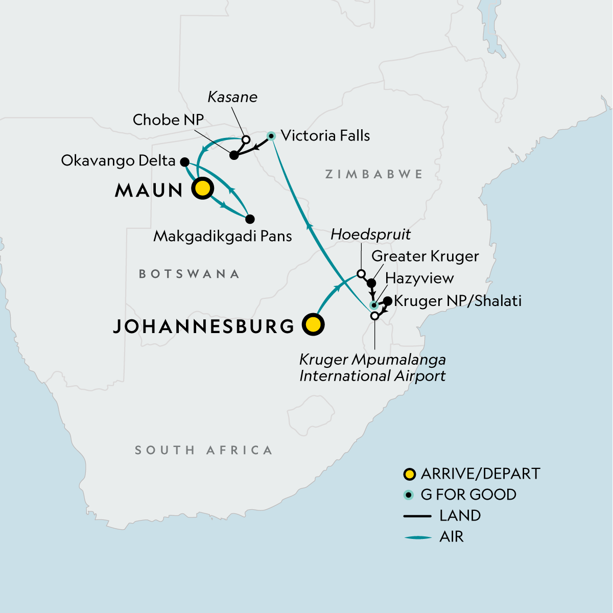 Map of Signature: Kruger, Victoria Falls & Botswana’s Untamed Wonders