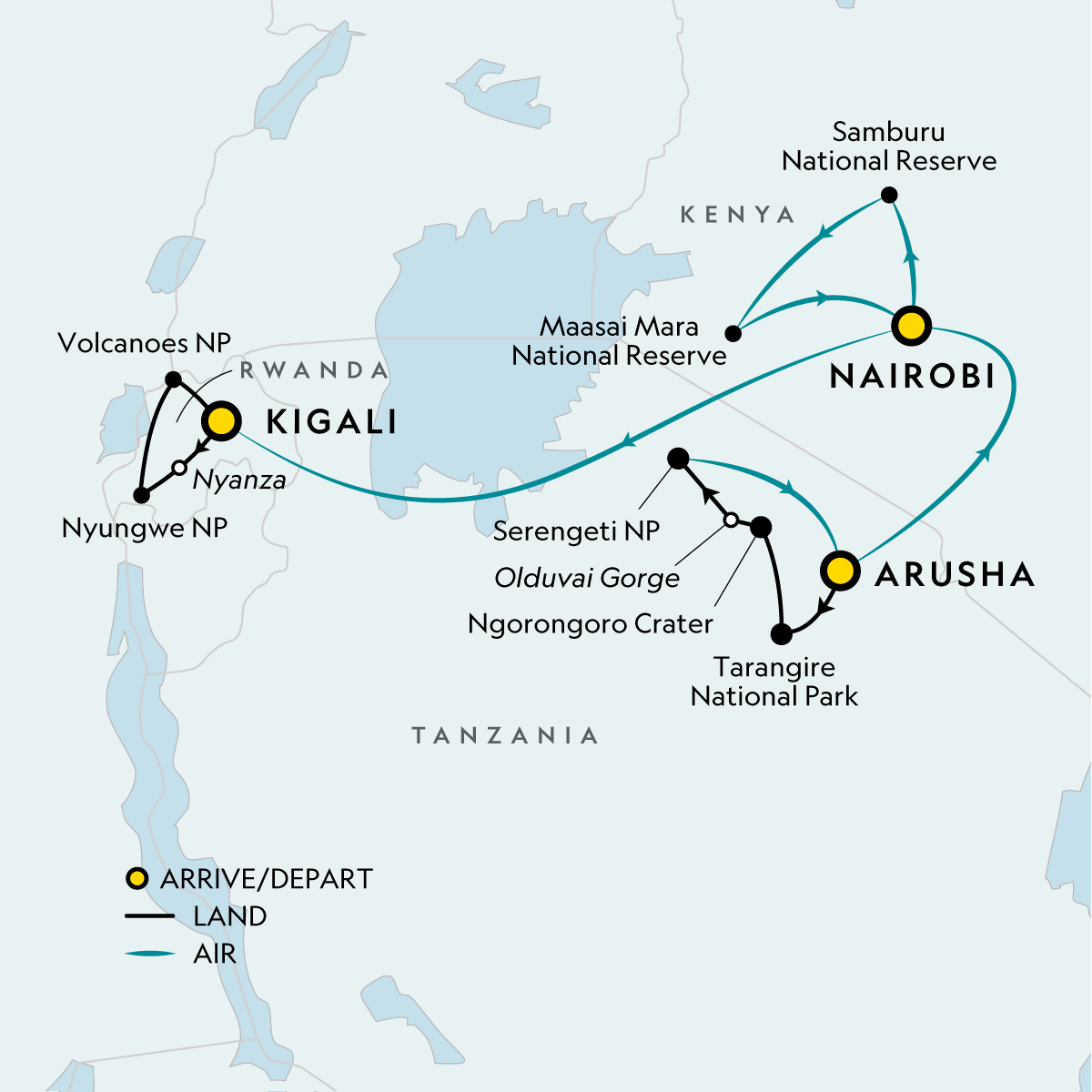 Map of Signature: Tanzania, Kenya & Rwanda — Savannah to the Rainforest