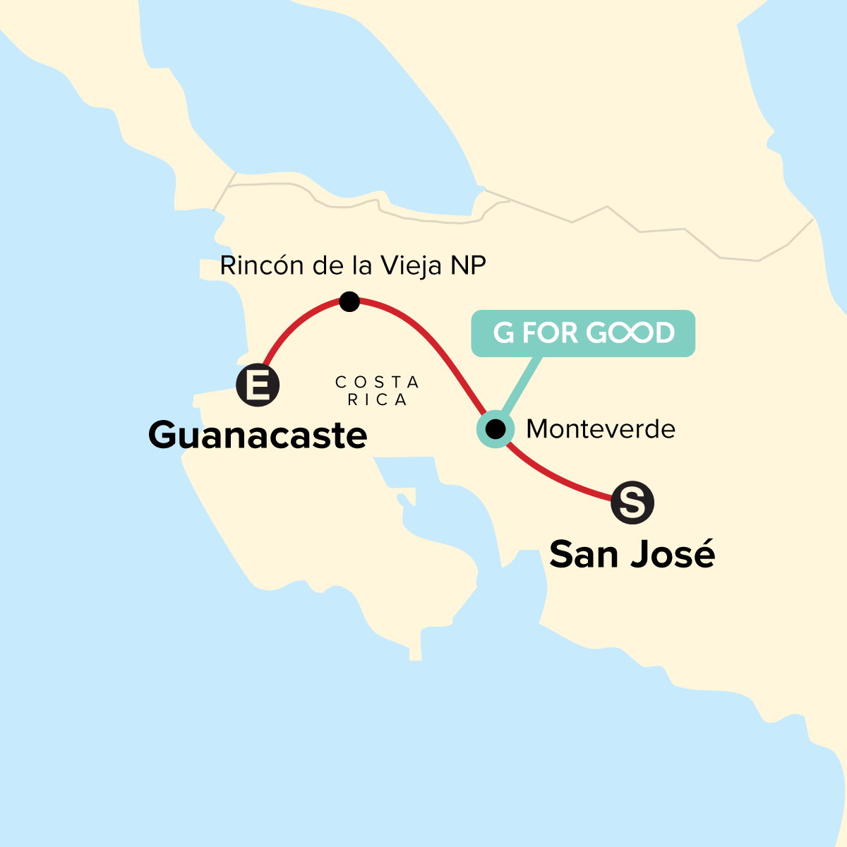 Map of Costa Rica Family Journey: From Cloud Forests to the Beach