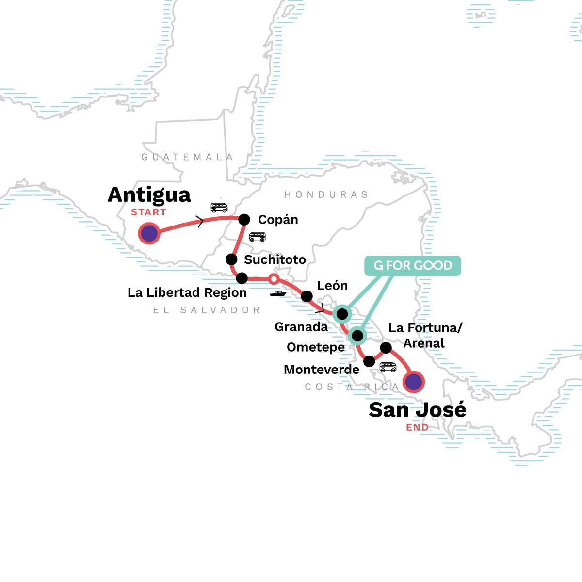 Basic Central America: Guatemala to Costa Rica Itinerary Map