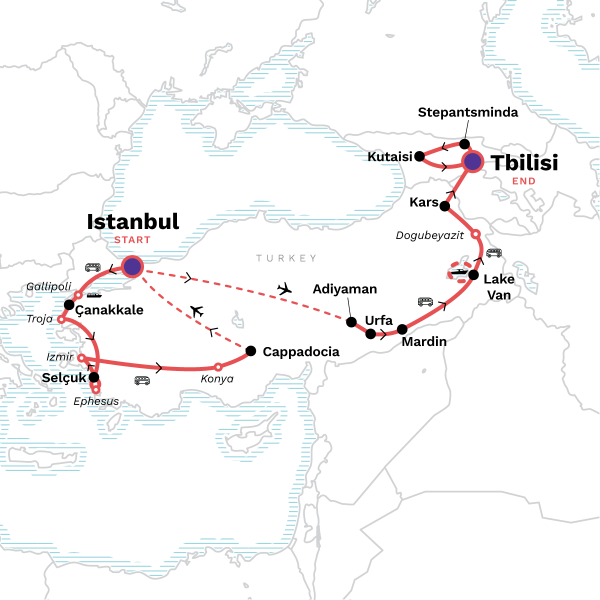 Map of Turkey to Georgia Highlights