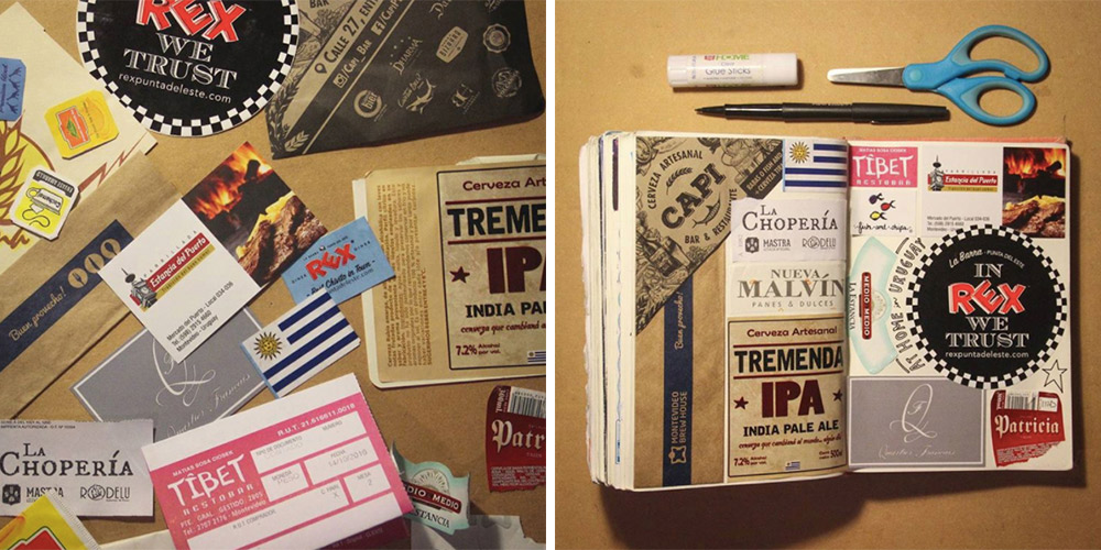 Collage, before and after — transforming ephemera from around Montevideo, Uruguay, into creative memories in my travel journal.