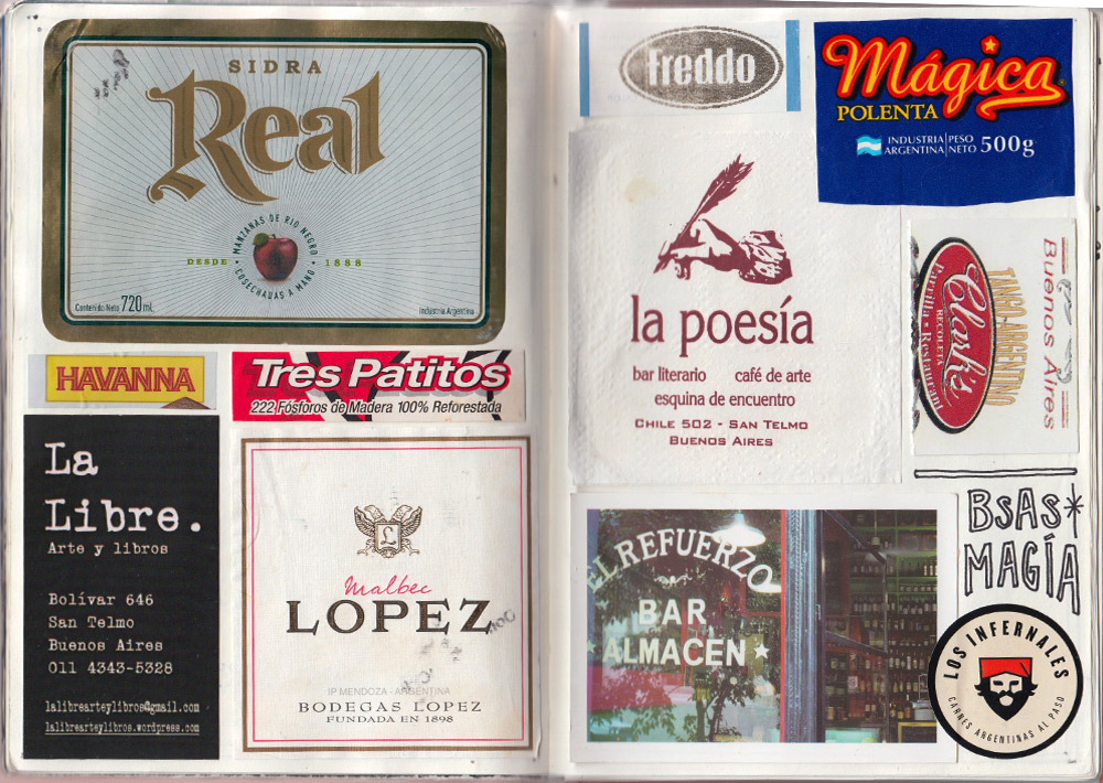 Business cards and labels from wine and cider bottles were key pieces of inspiration for this collage from Buenos Aires.