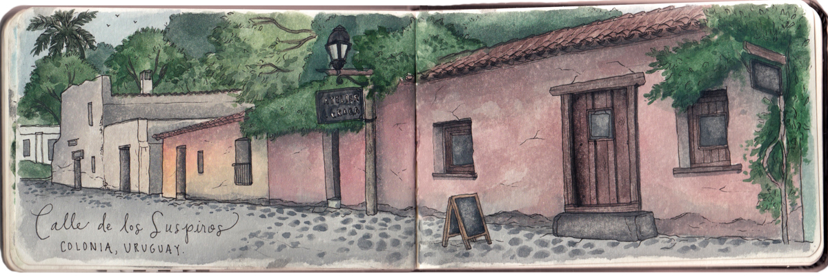 Sketching along the oldest street in Colonia, Calle de los Suspiros.