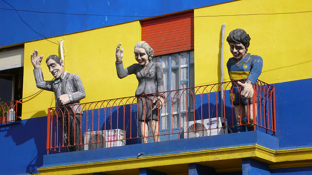 Statues of Juan Perón, far left, and Eva Perón, centre, in downtown Buenos Aires. That's Diego Maradona on the right. Photo courtesy of John S.