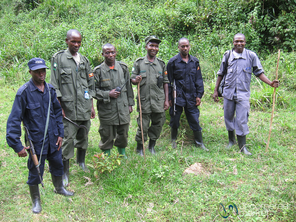 Our support team for gorilla trekking, including a lead guide, scouts, trackers, and a porter.