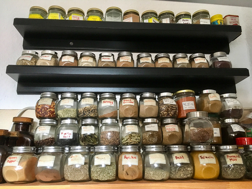 Our collection of more than 70 spices or mixtures, much of it acquired from our travels. Yes, we’re a bit nuts.