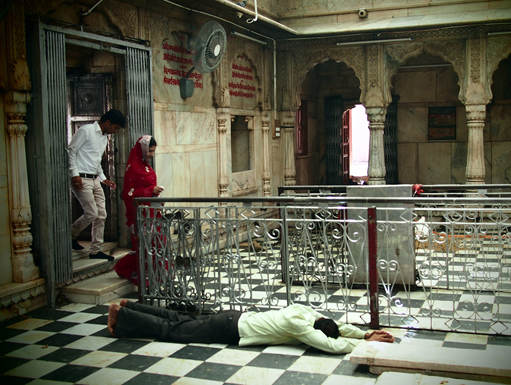 Paying respects to Karni Mata, including prostrating on the floor.