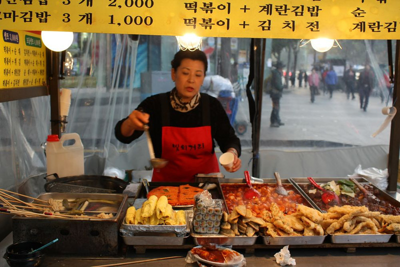 A wide array of street food, including tteokbokki.